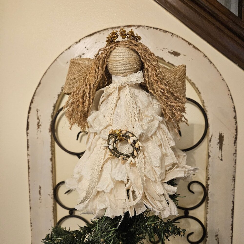 Boho Farmhouse Primitive Cream color Muslin Rag Christmas Angel Tree Topper